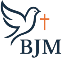 BJM logo featuring a minimalist dove and orange cross representing Blessing Joy Ministries, symbolizing peace, faith, and Christian values.